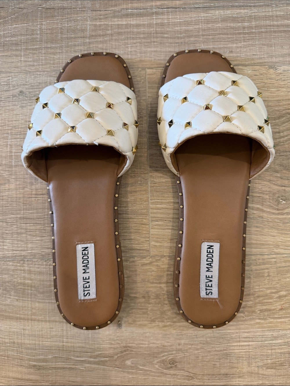 Steve Madden White Quilted Slide Sandals with Gold Studs